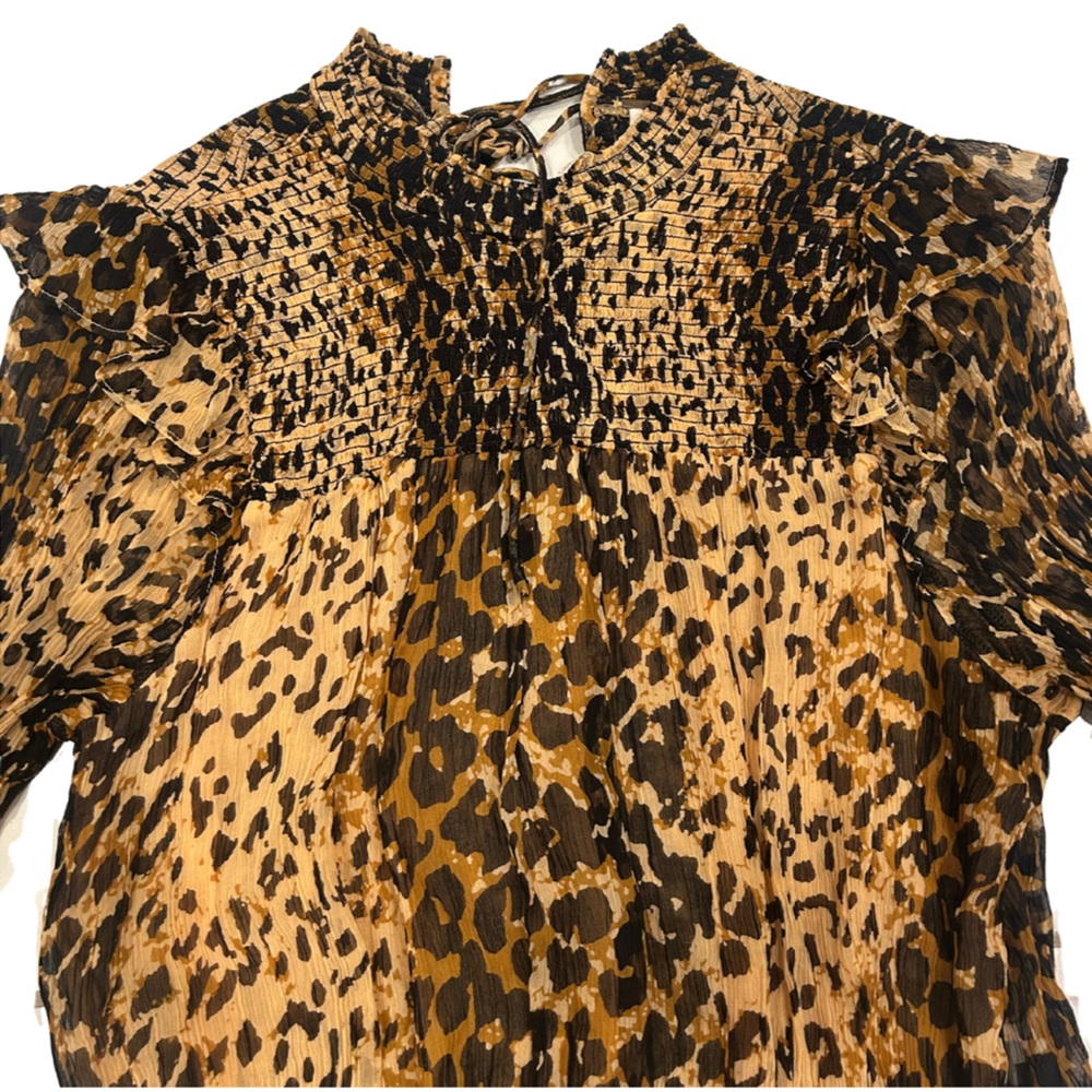 Free People Roma Smocked Animal Print Blouse | Leopard Combo / Brown | Size S - Picture 5 of 7